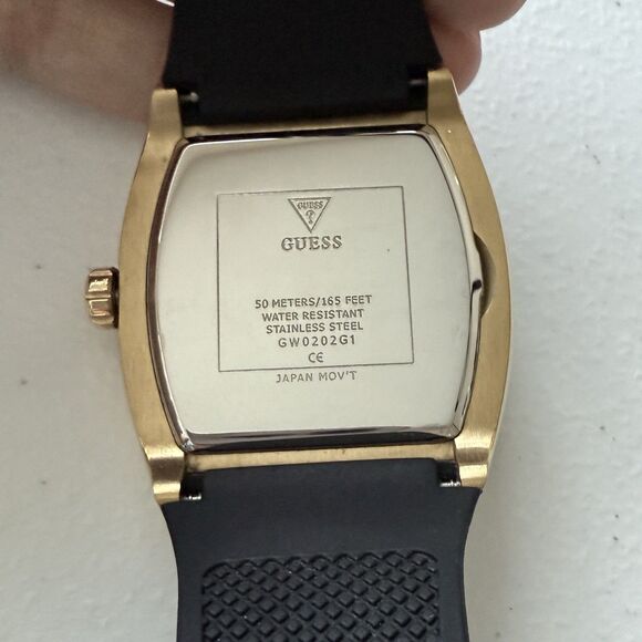 GUESS Men's Phoenix Black Leather & Silicone Flex Strap Gold Case Watch 43mm - Picture 5 of 5